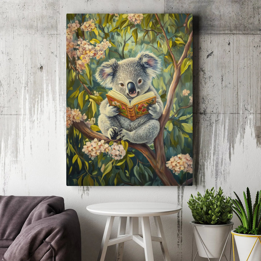 Koala Reading Book Canvas Print | Whimsical Animal Wall Art | Premium Gallery Wrapped Decor | Nursery Or Library Gift For Kids
