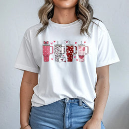 Valentine's Day Tumbler T-Shirt | Heart Pattern Water Cup Graphic | Soft Cotton Premium Tee | Cute Valentine Gift For Her Women