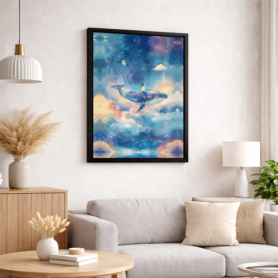 Whale Flying In Galaxy Canvas | Dreamy Fantasy Space Wall Art | Gallery Quality Premium Print | Whimsical Nursery & Bedroom Decor