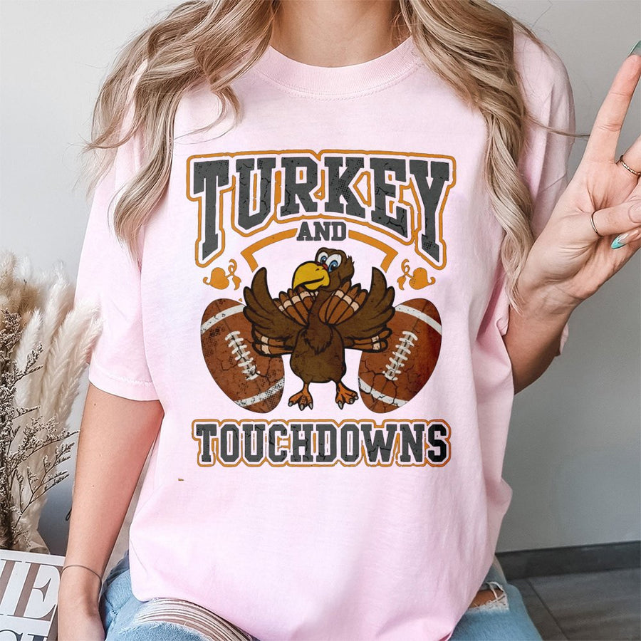 Turkey and Touchdowns T-Shirt | Funny Thanksgiving Football Graphic Tee | 100% Cotton Premium Comfort | Thanksgiving Gift for Football Fans