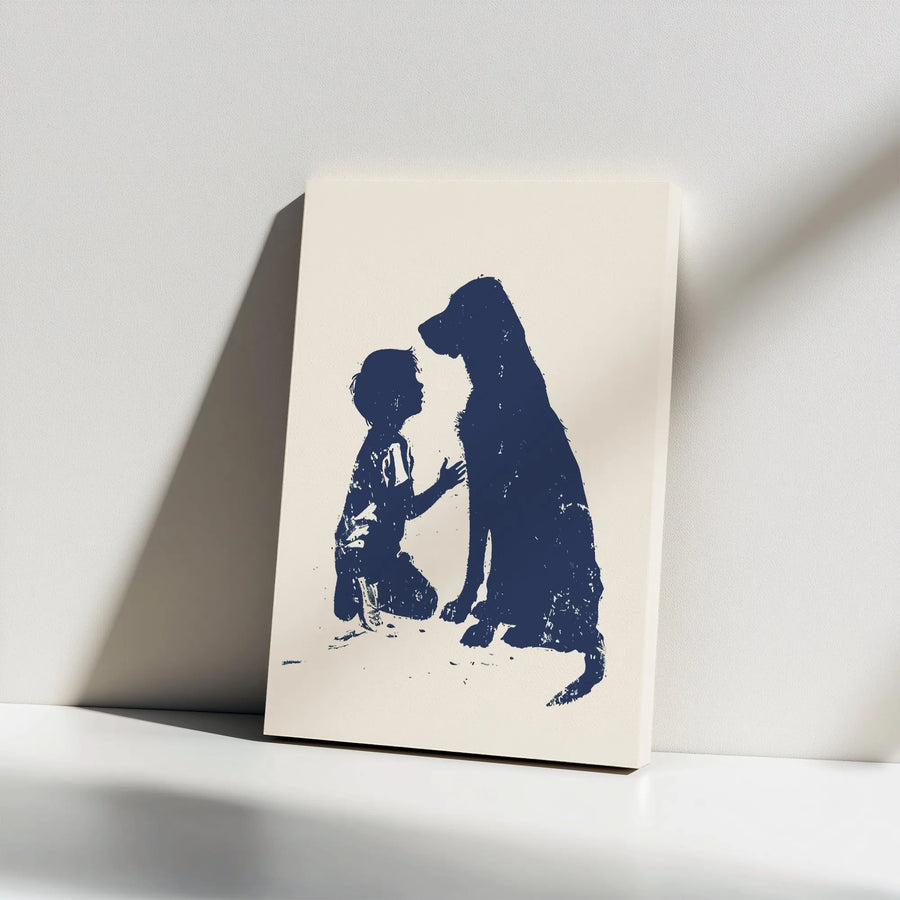 Boy And Dog Silhouette Wall Art | Minimalist Distressed Portrait | Premium Gallery Wrapped Canvas | Heartwarming Gift For Dog Lovers & Nursery Decor