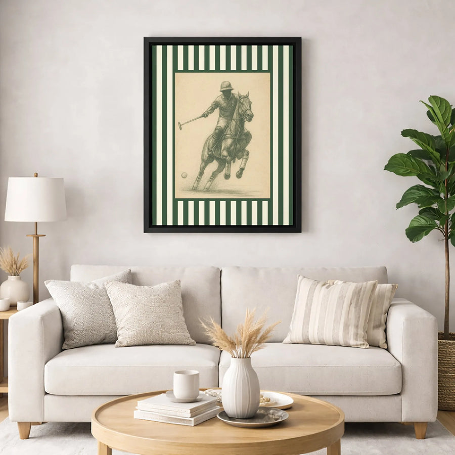 Polo Player Sketch Wall Art | Vintage Equestrian Striped Border Print | Premium 1.25" Thick Gallery Canvas | Sophisticated Home Decor Gift