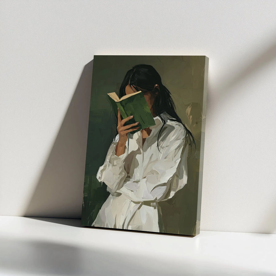 Woman Reading Book Vertical Canvas | Dark Academia Aesthetic Wall Art | Premium Thick Gallery Wrap | Gift for Book Lovers and Readers