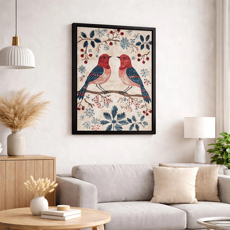 Winter Birds Canvas Wall Art | Folk Art Style Red Cardinal Birds Decor | Premium Fade-Resistant Print | Cozy Holiday Home Gift for Bird Lovers