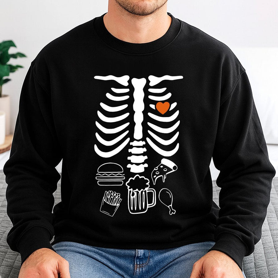 Skeleton Halloween Sweatshirt | Funny Foodie X-Ray Graphic | Cotton Blend Premium Crewneck | Dad Pregnancy Announcement Gift For Him