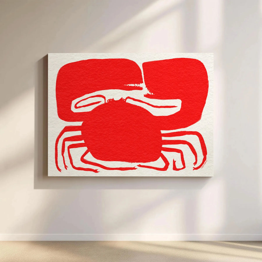 Abstract Red Crab Wall Art | Modern Minimalist Block Print Canvas | 1.25-inch Premium Gallery Profile | Coastal Home Decor Gift