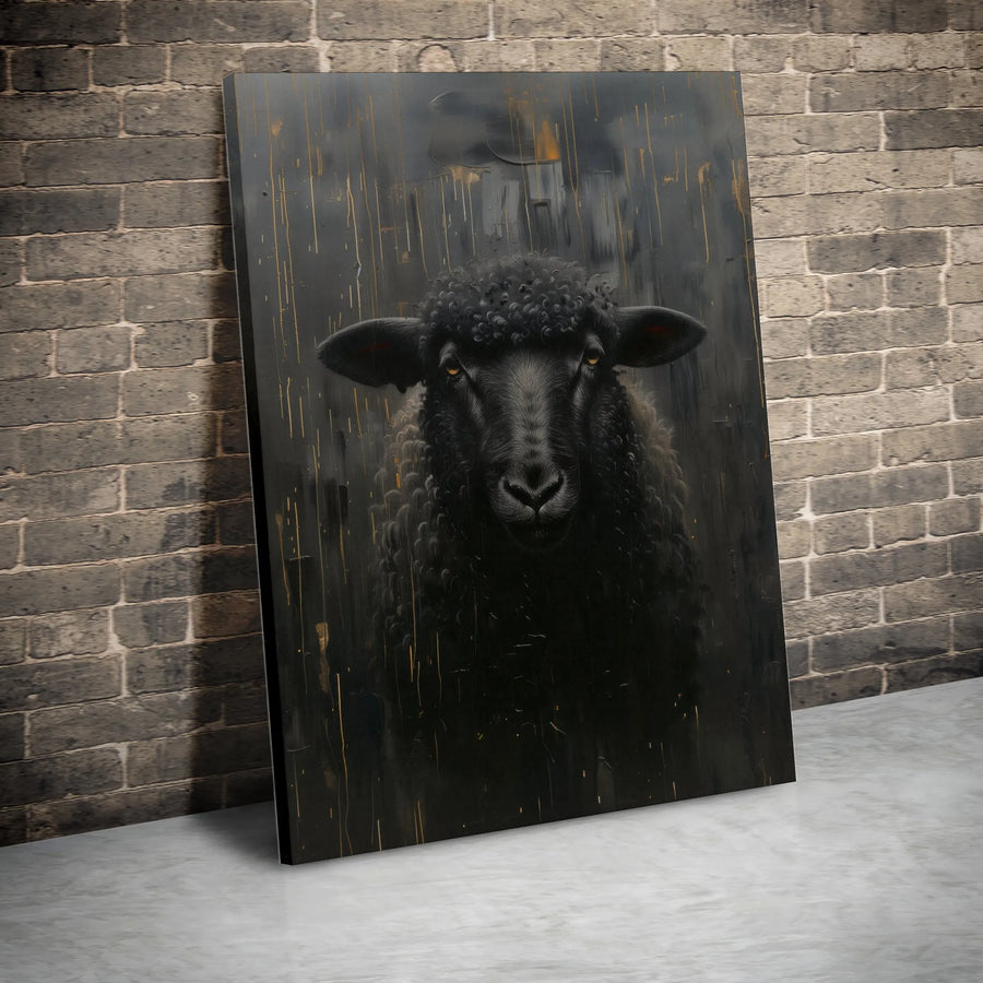 Black Sheep Wall Art | Abstract Animal Portrait with Gold Accents | Gallery Wrapped Premium Canvas | Modern Farmhouse Home Decor Gift