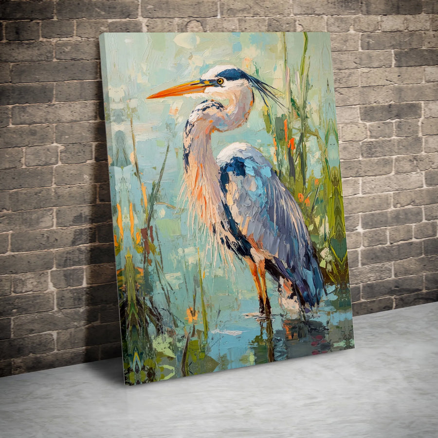 Great Blue Heron Canvas Wall Art | Impressionistic Bird Oil Painting Style | Premium Gallery Wrap | Nature Home Decor Gift