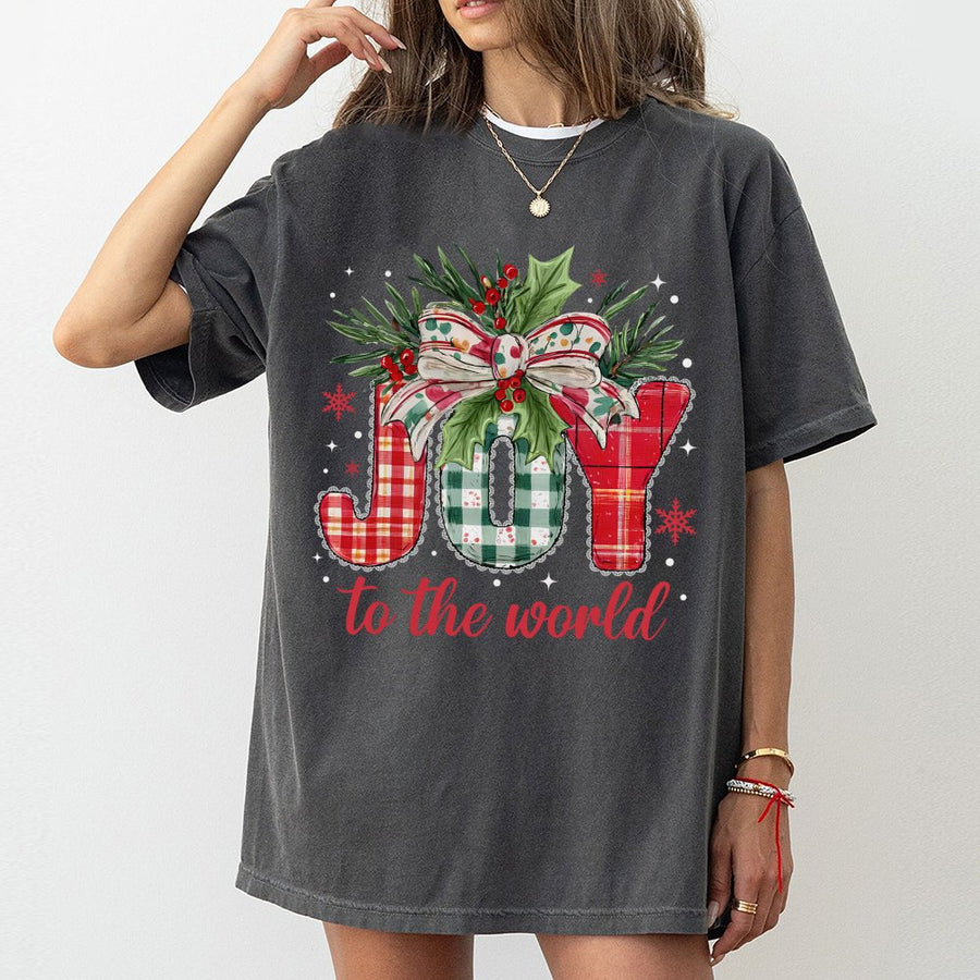 Joy To The World Christmas T-Shirt | Plaid Festive Holiday Graphic | Soft Premium Cotton Tee | Christian Apparel Gift For Women And Men