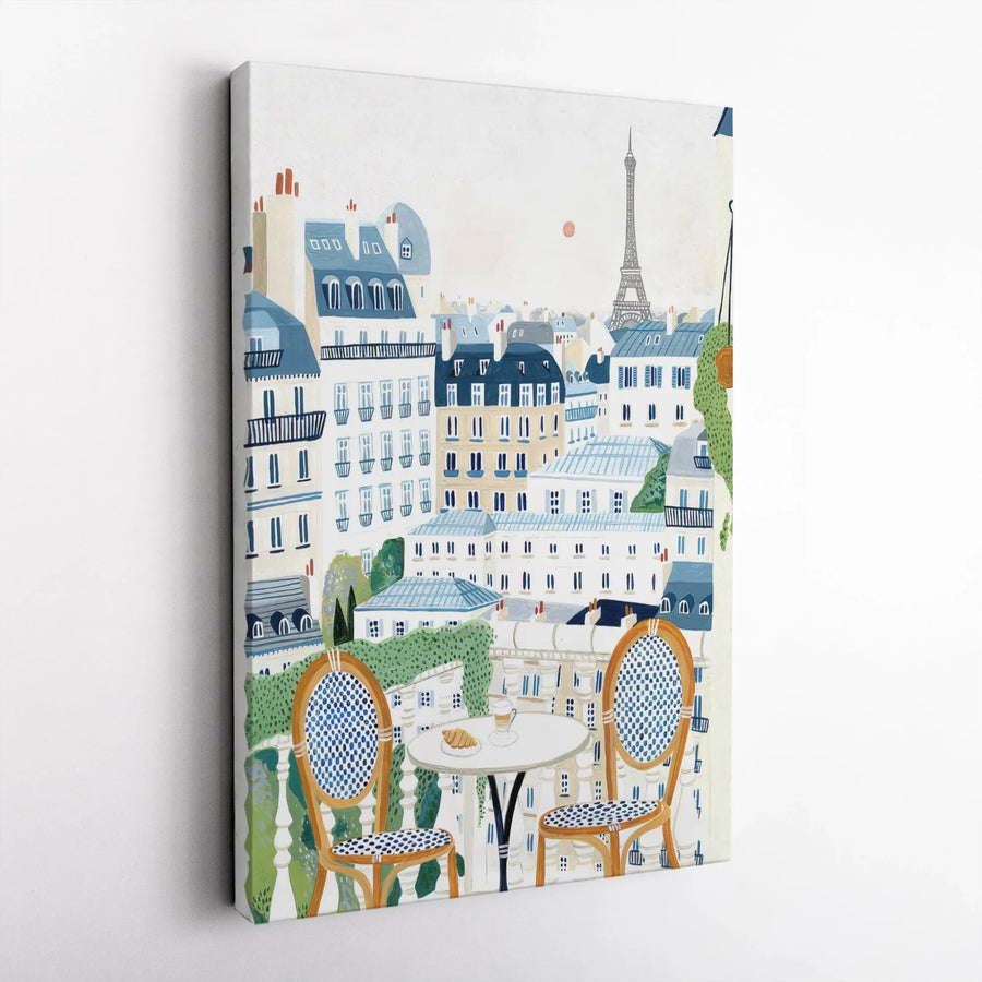 Parisian Cafe Canvas Art | Eiffel Tower Balcony View Print | Gallery Wrapped 1.25-inch Wood Frame | French Home Decor Gift