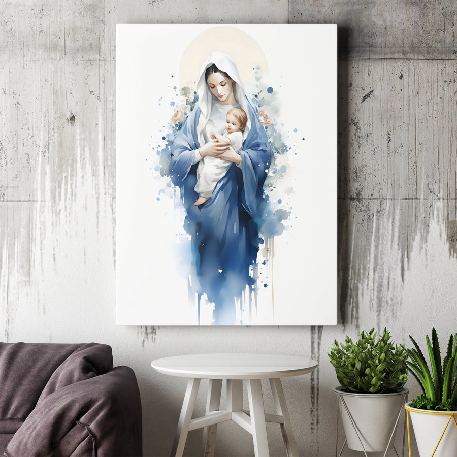 Virgin Mary and Baby Jesus Canvas Art | Watercolor Religious Wall Decor | Premium Fade-Resistant Gallery Wrap | Christian Home Gift