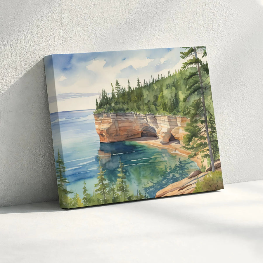Pictured Rocks National Lakeshore Wall Art | Watercolor Michigan Landscape Print | Premium Gallery Wrapped Canvas | Nature Lover Home Decor Gift