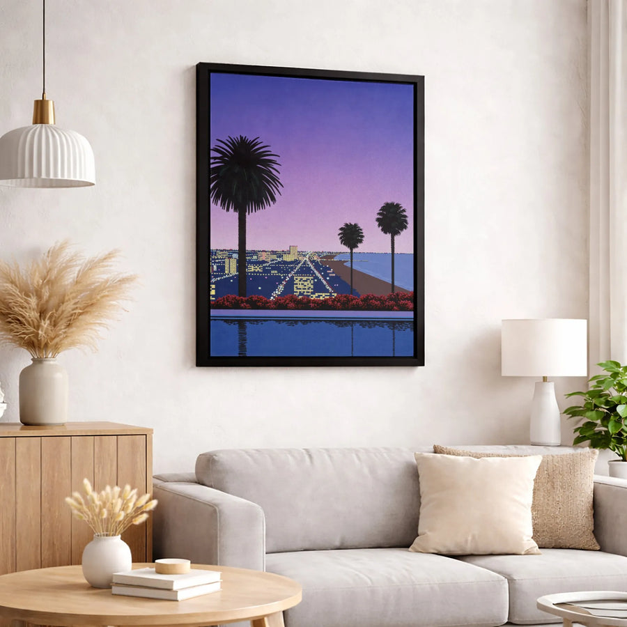 Vaporwave Cityscape Canvas Art | Retro Aesthetic Pixel Art Beach View | Premium 1.25" Gallery Wrap | Modern Home Decor Wall Print