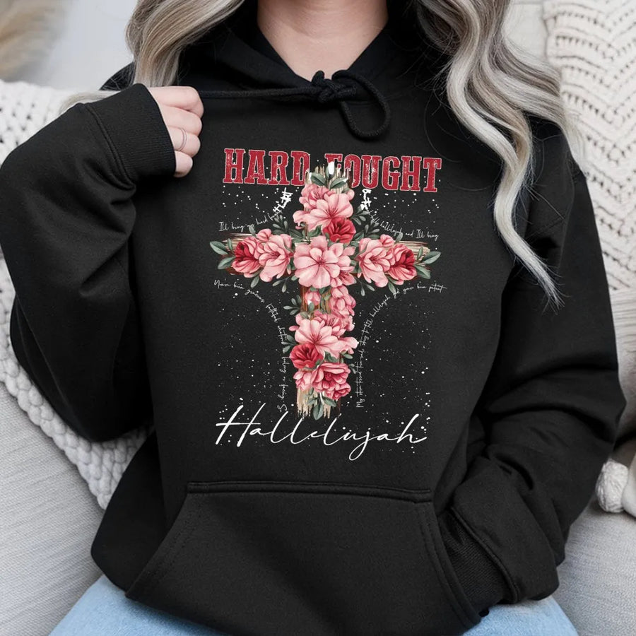 Hard Fought Hallelujah Hoodie | Floral Cross Religious Graphic | Premium Cotton Blend | Christian Faith Gift for Women