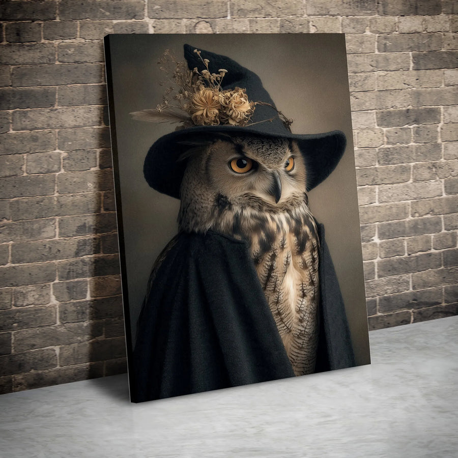 Witch Owl Canvas Wall Art | Vintage Animal Portrait with Floral Hat | Premium Gallery Wrapped Canvas | Gothic Home Decor Gift for Witchy Aesthetic