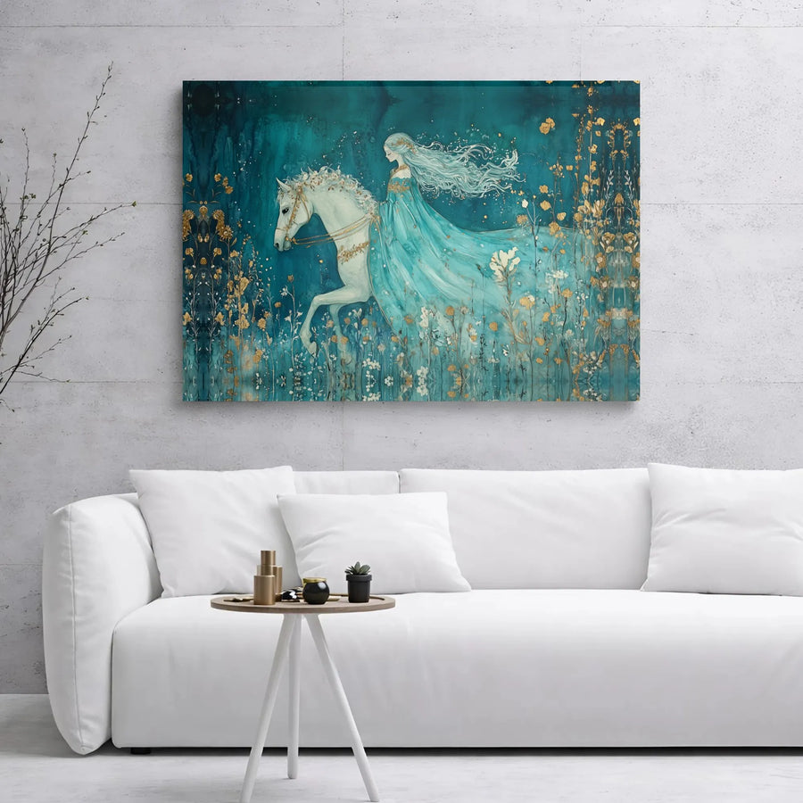 Fantasy Horse Wall Art | Elegant Woman In Turquoise Gown Canvas Print | 1.25 Inch Gallery Wrap | Fairytale Home Decor Gift