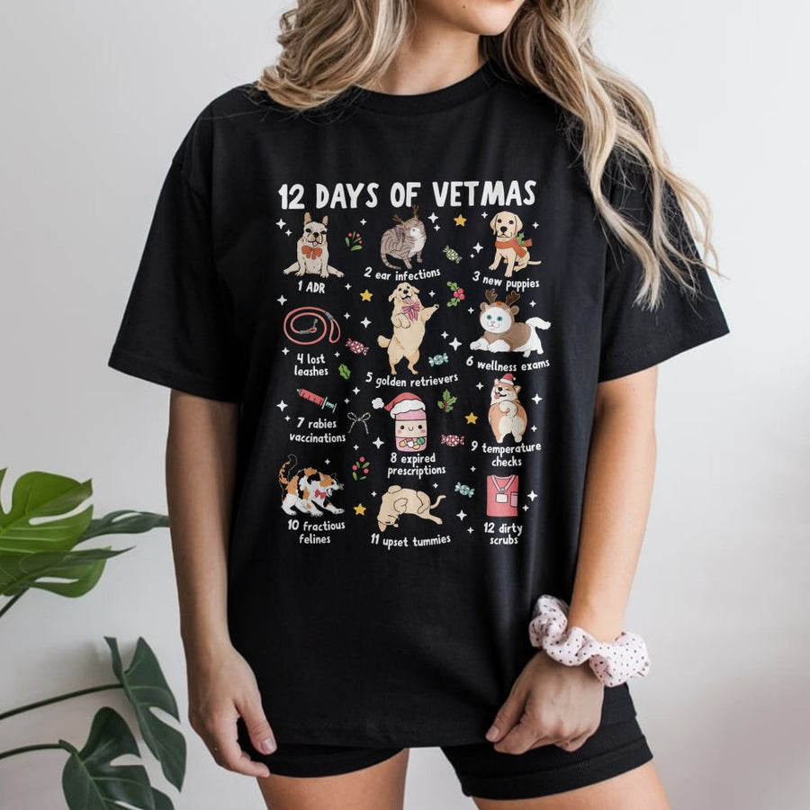 12 Days of Vetmas T-Shirt | Funny Veterinary Technician Christmas Graphic | Premium Soft Cotton Tee | Perfect Vet Staff Holiday Gift