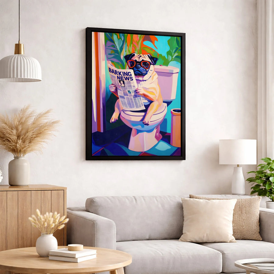 Pug Reading Newspaper on Toilet Canvas Art | Funny Dog Bathroom Wall Decor | Premium 1.25-Inch Gallery Wrap | Whimsical Pet Lover Gift