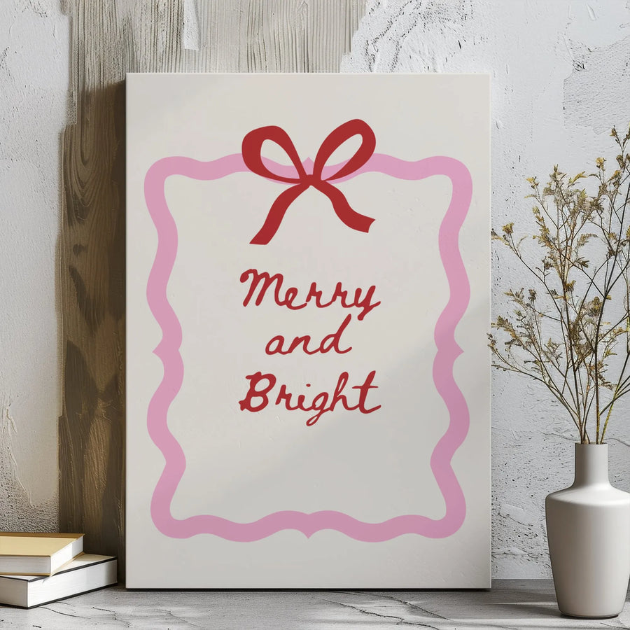 Merry and Bright Canvas Wall Art | Christmas Holiday Gift Decor | Premium Gallery Wrap Print | Festive Red Bow Minimalist Poster for Living Room