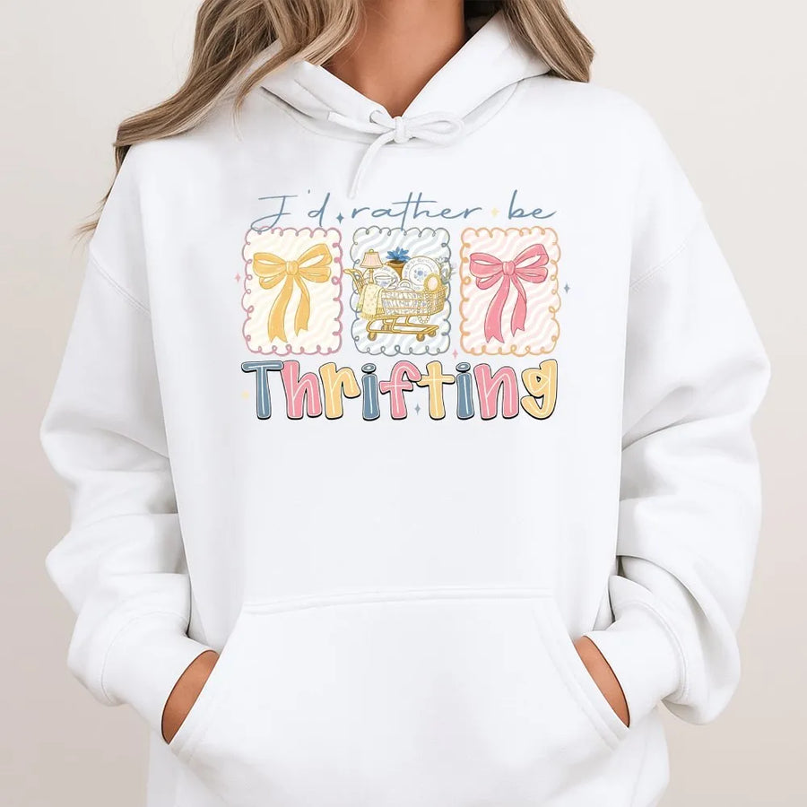 I'd Rather Be Thrifting Hoodie | Cute Vintage Shop Bow Graphic Print | Premium Soft Cotton Blend | Thrift Store Gift for Thrifter Lover