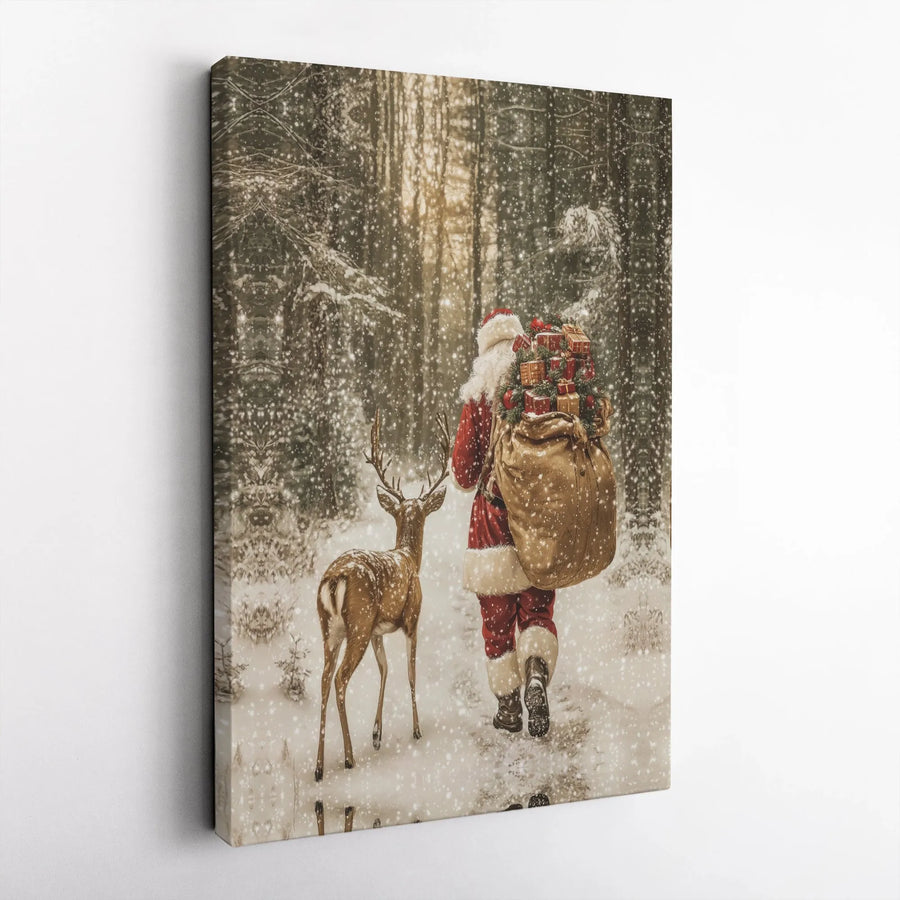 Santa Claus and Reindeer Canvas Wall Art | Snowy Forest Christmas Scene | Gallery Wrapped Premium Decor | Holiday Gift for Home Office