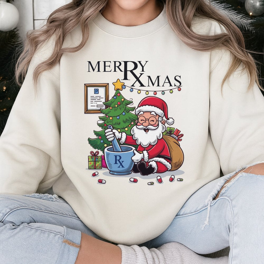 Pharmacy Christmas Sweatshirt | Santa Mortar and Pestle Graphic | Premium Cotton Blend | Funny Pharmacist Gift for Pharm Tech and Pharmacy Student