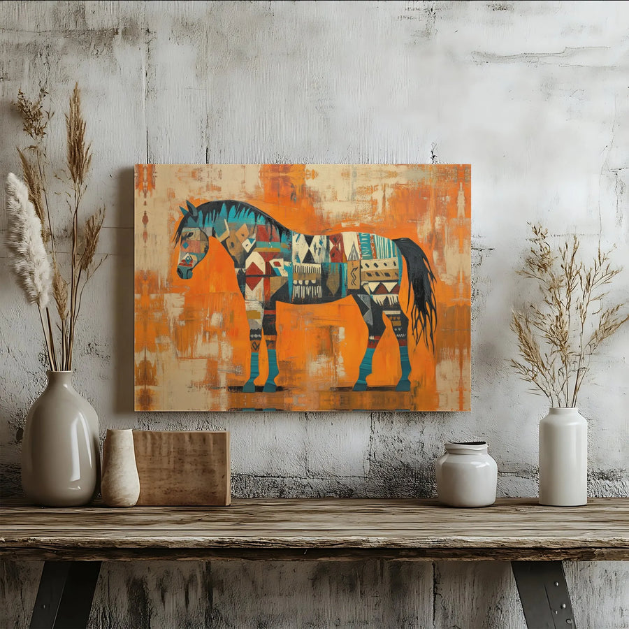 Southwestern Horse Canvas Wall Art Print | Abstract Tribal Horse Painting | Premium Canvas with Fade-Resistant Ink | Rustic Home Decor Gift