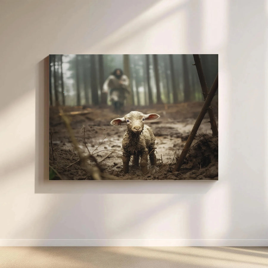 Jesus The Good Shepherd Canvas | Lost Lamb In Muddy Forest Art | 1.25 Inch Premium Gallery Wrap | Christian Home Decor Wall Art
