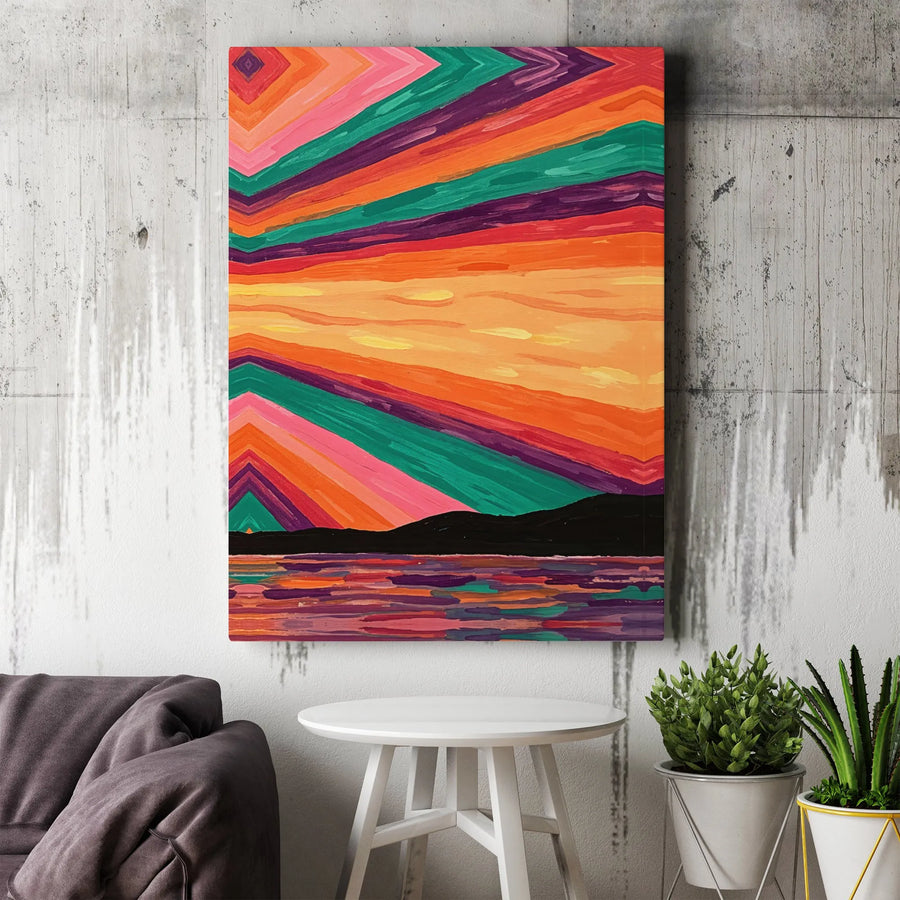 Abstract Sunset Canvas Wall Art | Vibrant Geometric Landscape Print | Premium Thick Gallery Wrapped Canvas | Modern Wall Art for Living Room Decor