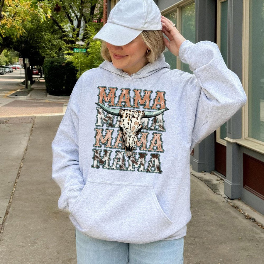 Western Mama Hoodie | Boho Cow Skull Graphic Design | Premium Cotton Blend | Gift For Country Moms And Rodeo Lovers