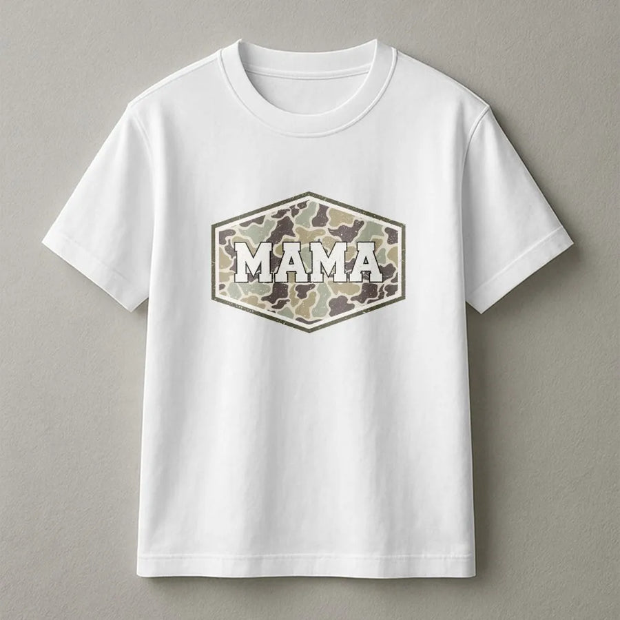 Camo Mama T-Shirt | Duck Hunting Camouflage Graphic | Premium Cotton Blend | Gift for Outdoorsy Mom, Hunter Wife