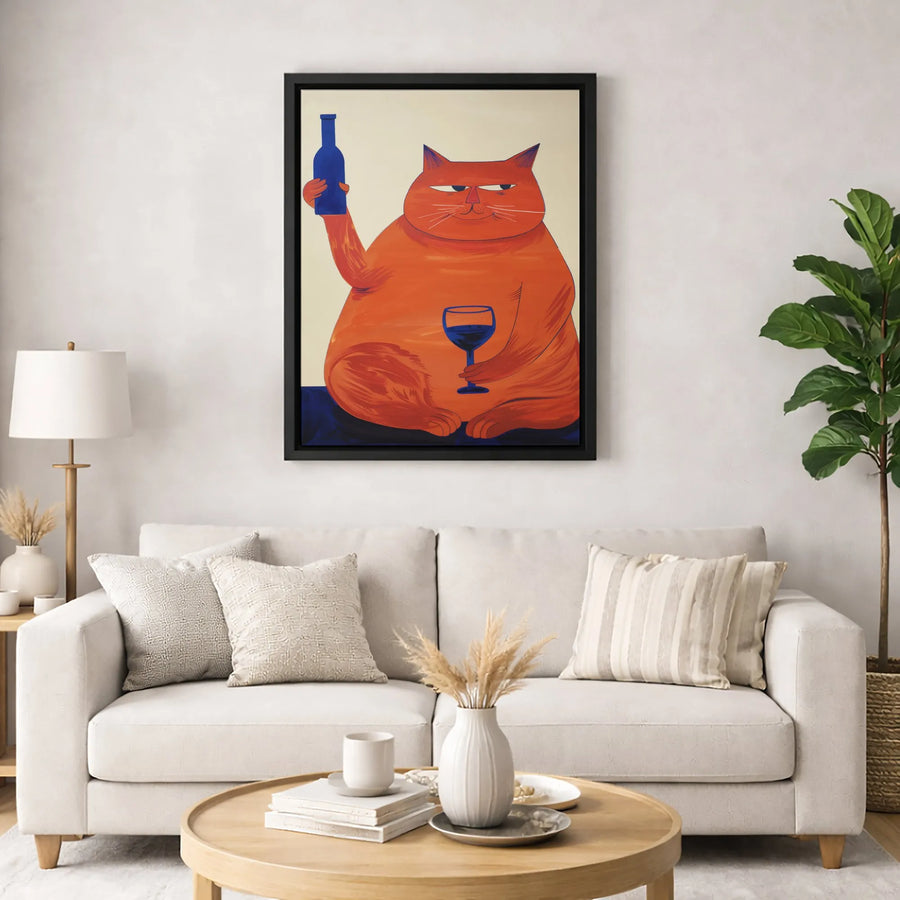 Funny Fat Orange Cat Wall Art | Whimsical Wine Lover Illustration | Premium Gallery Wrapped Canvas | Quirky Home Decor Gift