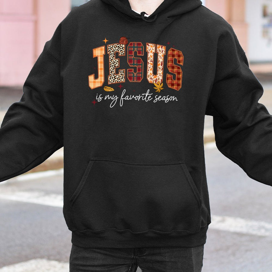 Jesus Is My Favorite Season Hoodie | Fall Plaid Leopard Graphic | Premium Cotton Blend | Christian Faith Gift for Women & Men