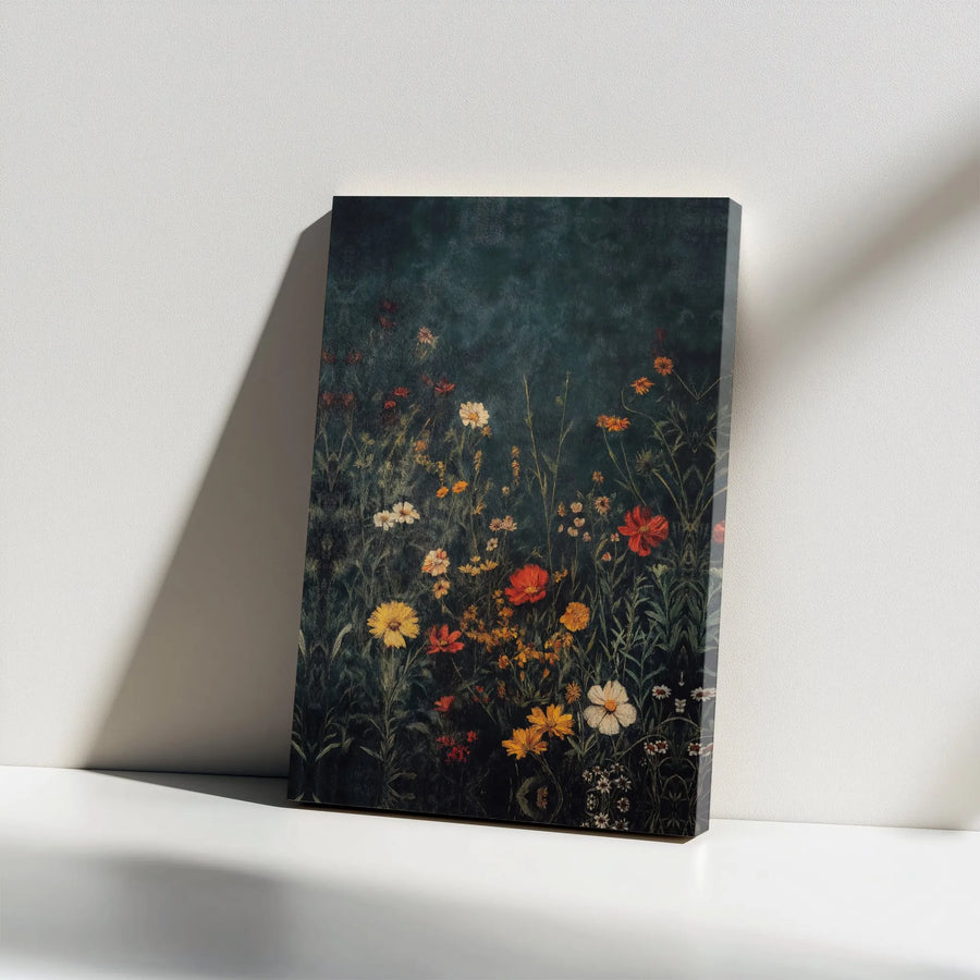 Vintage Wildflower Canvas Wall Art | Moody Botanical Meadow Painting | Premium Gallery Wrapped Print | Dark Cottagecore Home Decor Gift