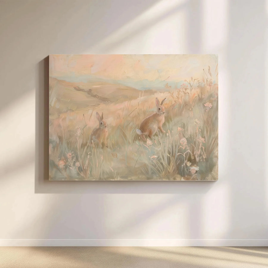Rabbit Canvas Wall Art | Whimsical Meadow Oil Painting Style | Premium Gallery Wrap 1.25" Profile | Rustic Farmhouse Decor Gift