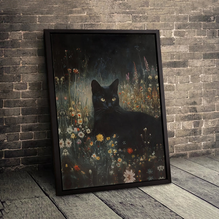 Black Cat Wall Art | Moody Wildflower Meadow Oil Painting | Gallery-Wrapped Premium Canvas | Whimsical Nature Lover Gift
