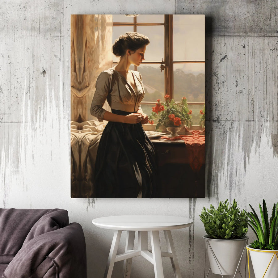 Contemplative Woman By Window Canvas | Romantic Era Portrait Wall Art | Premium Gallery Wrap Print | Elegant Home Decor Gift For Her