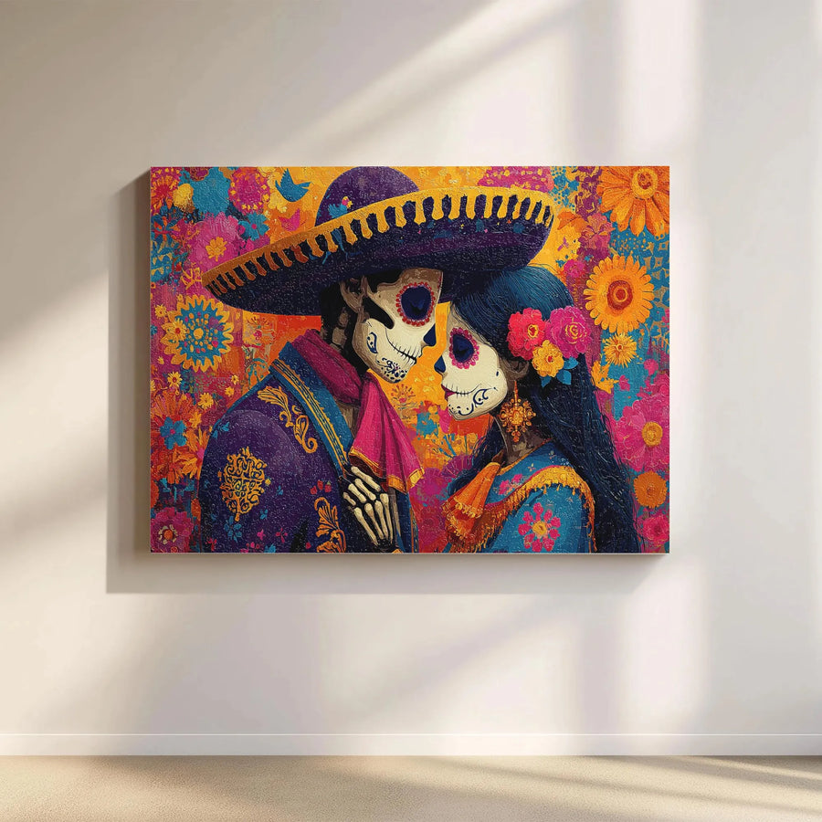 Day of the Dead Canvas Wall Art | Sugar Skull Couple in Love Portrait | Premium Gallery Wrap 1.25" Frame | Romantic Mexican Folklore Home Decor Gift