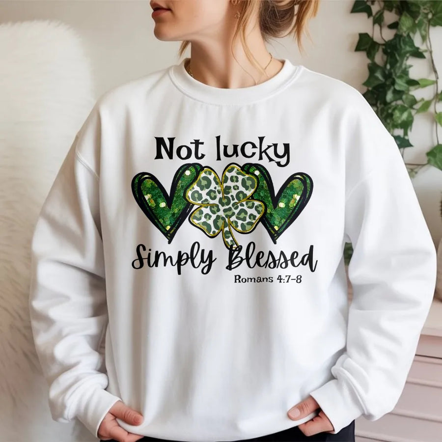 Not Lucky Simply Blessed Sweatshirt | Leopard Shamrock St Patricks Day Shirt | Soft Cotton Blend | Religious Christian Faith Gift for Women