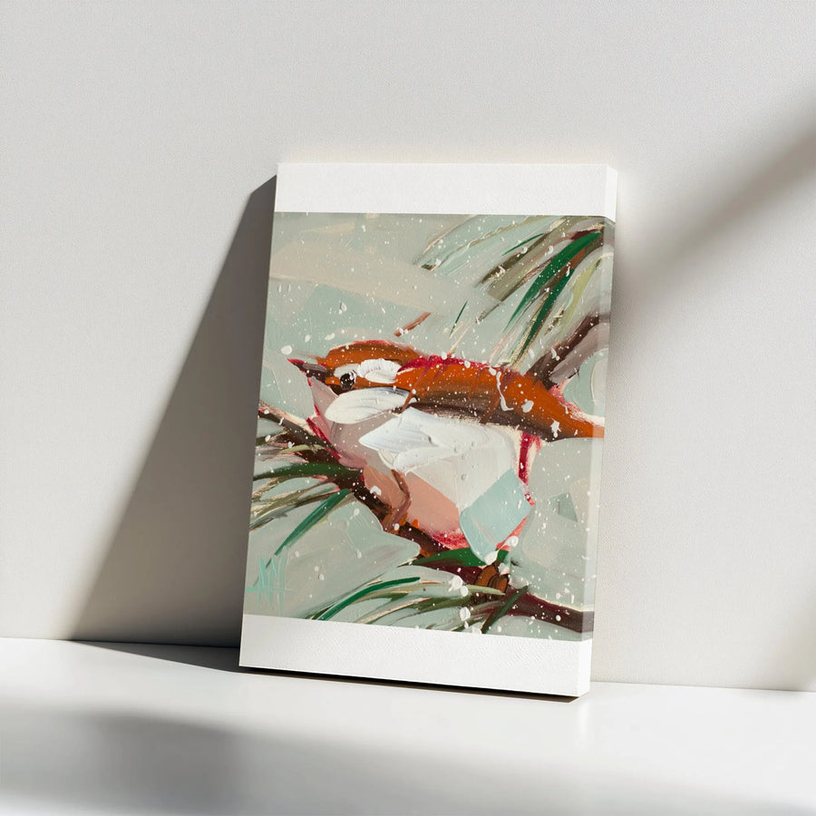Carolina Wren Canvas Wall Art | Abstract Winter Bird Painting on Pine Branch | Premium 1.25" Thick Gallery Wrap | Nature Lover Home Decor Gift for Bird Watcher
