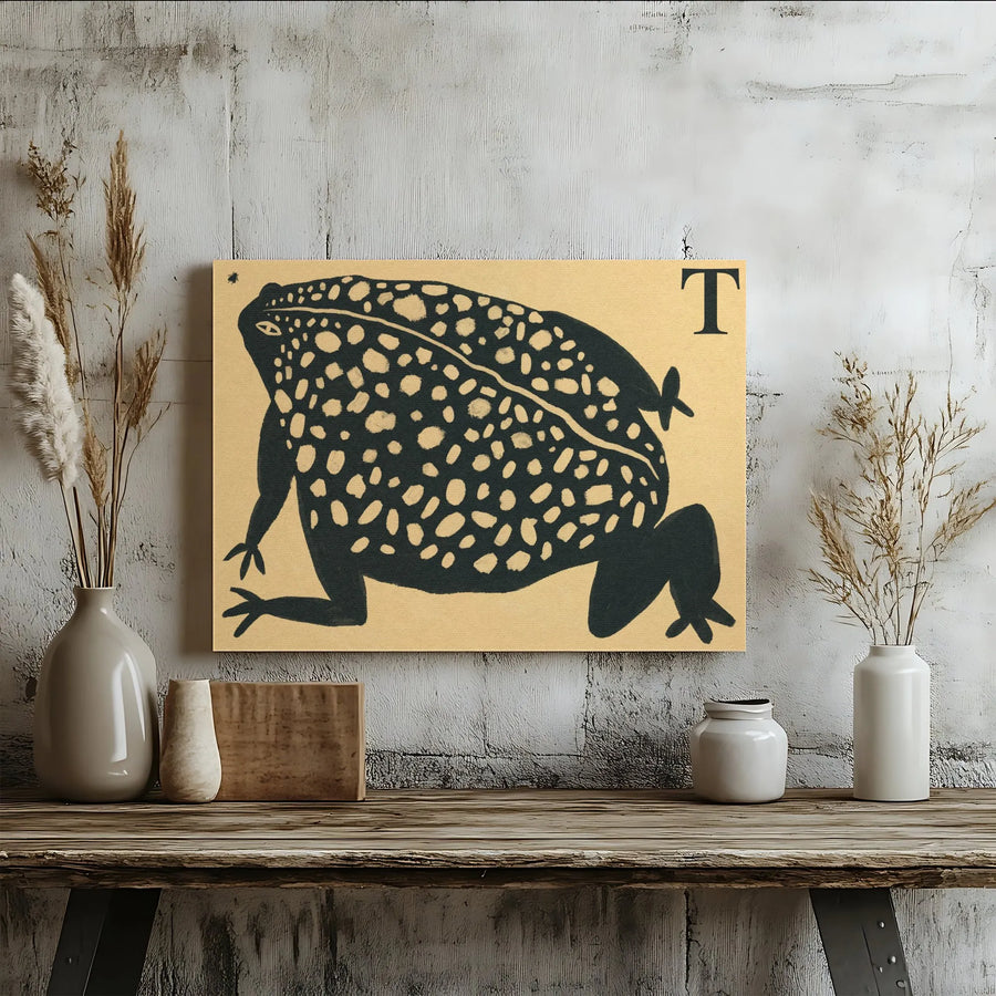 Vintage Toad Alphabet Poster | Black and Gold Botanical Wall Art | Premium Gallery Wrapped Canvas | Eclectic Maximalist Home Decor Gift