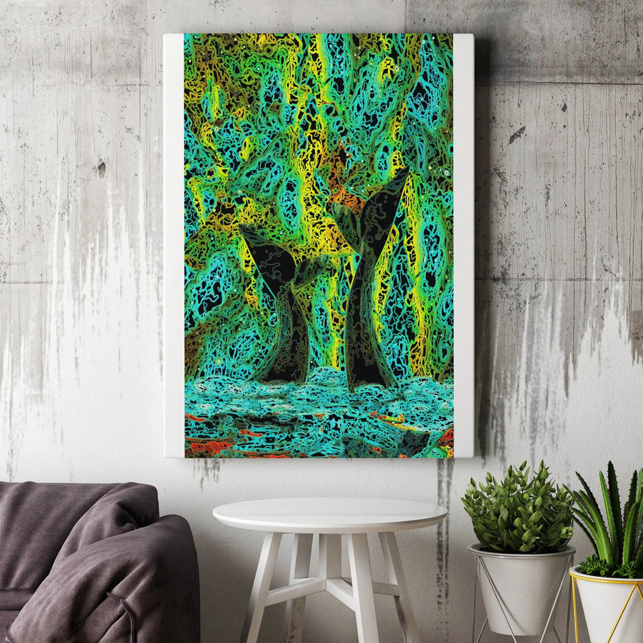 Abstract Whale Tail Vertical Canvas | Vibrant Psychedelic Ocean Line Art | Premium 1.25" Thick Gallery Wrap | Modern Wall Decor Gift