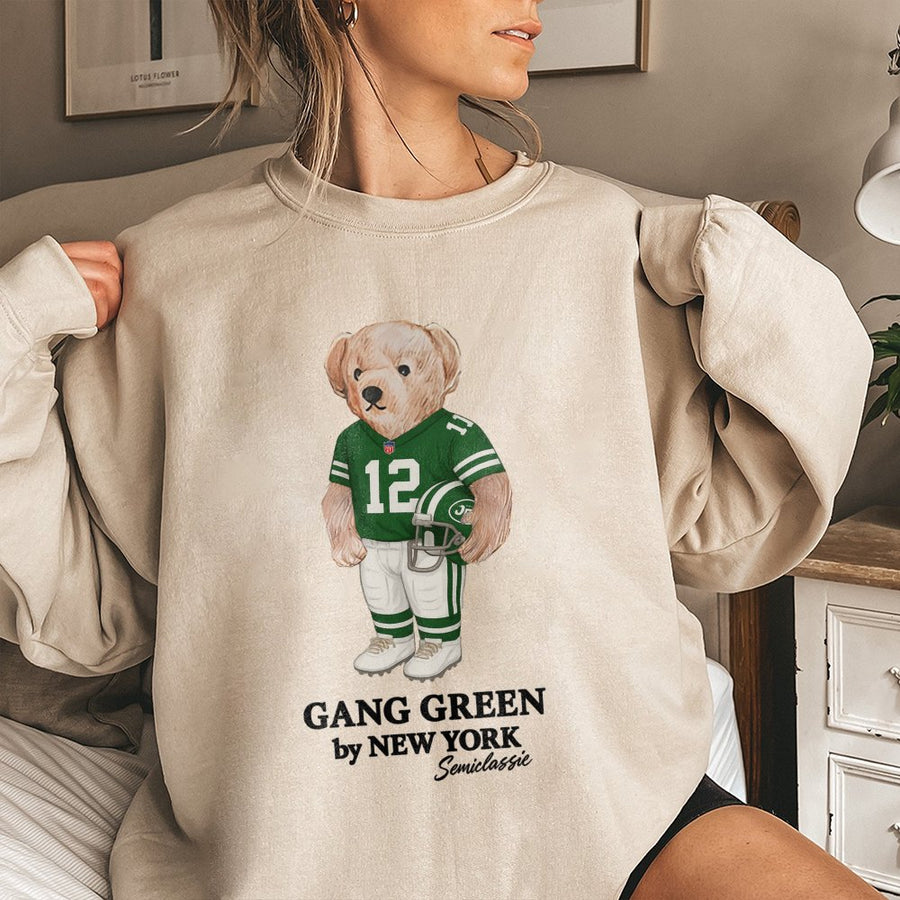 Gang Green By New York Semiclassic Teddy Bear Wearing A Green New York Jets Football Uniform With The Number 12 Sweatshirt