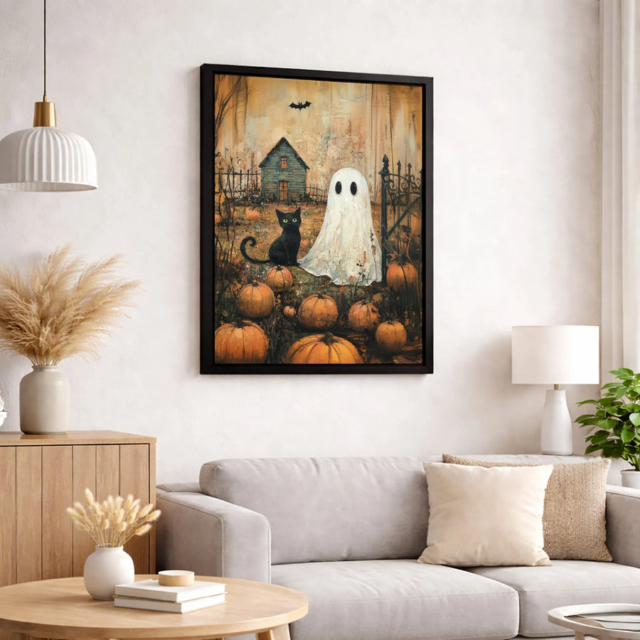 Halloween Ghost And Black Cat Canvas | Spooky Pumpkin Patch Wall Art | Premium Fade-Resistant Print | Festive Home Decor Gift