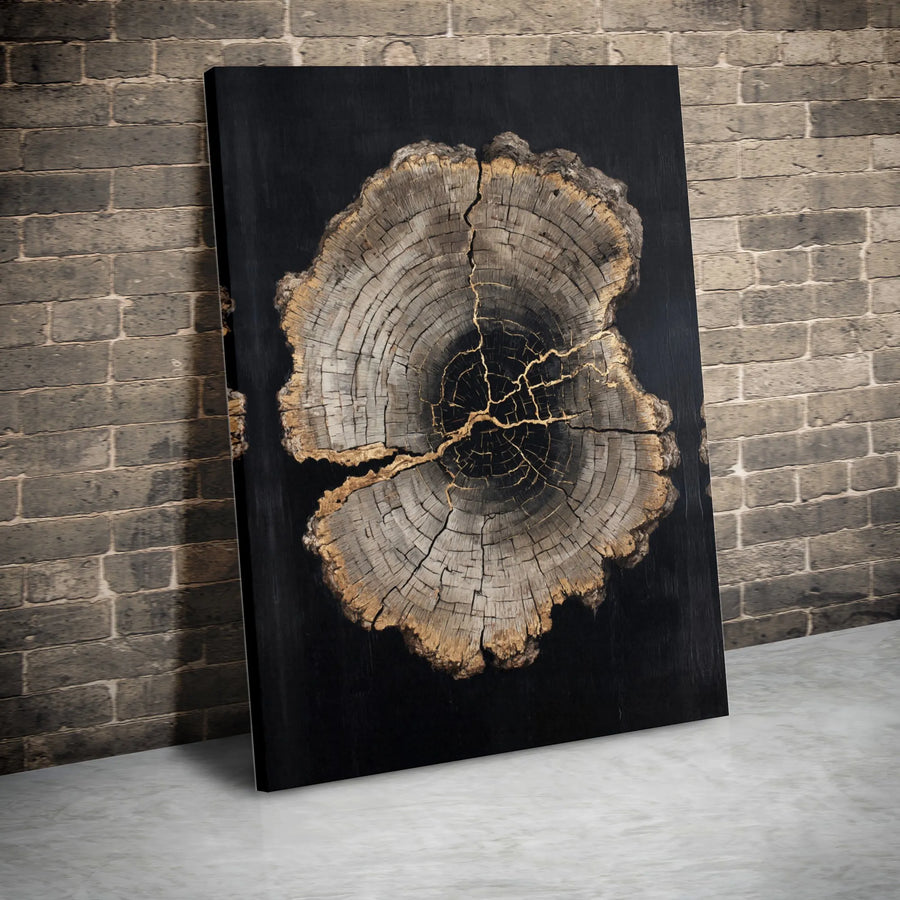 Tree Ring Canvas Print | Abstract Wood Slice with Gold Veins | Premium Gallery Wrapped Canvas | Rustic Modern Home Decor Gift