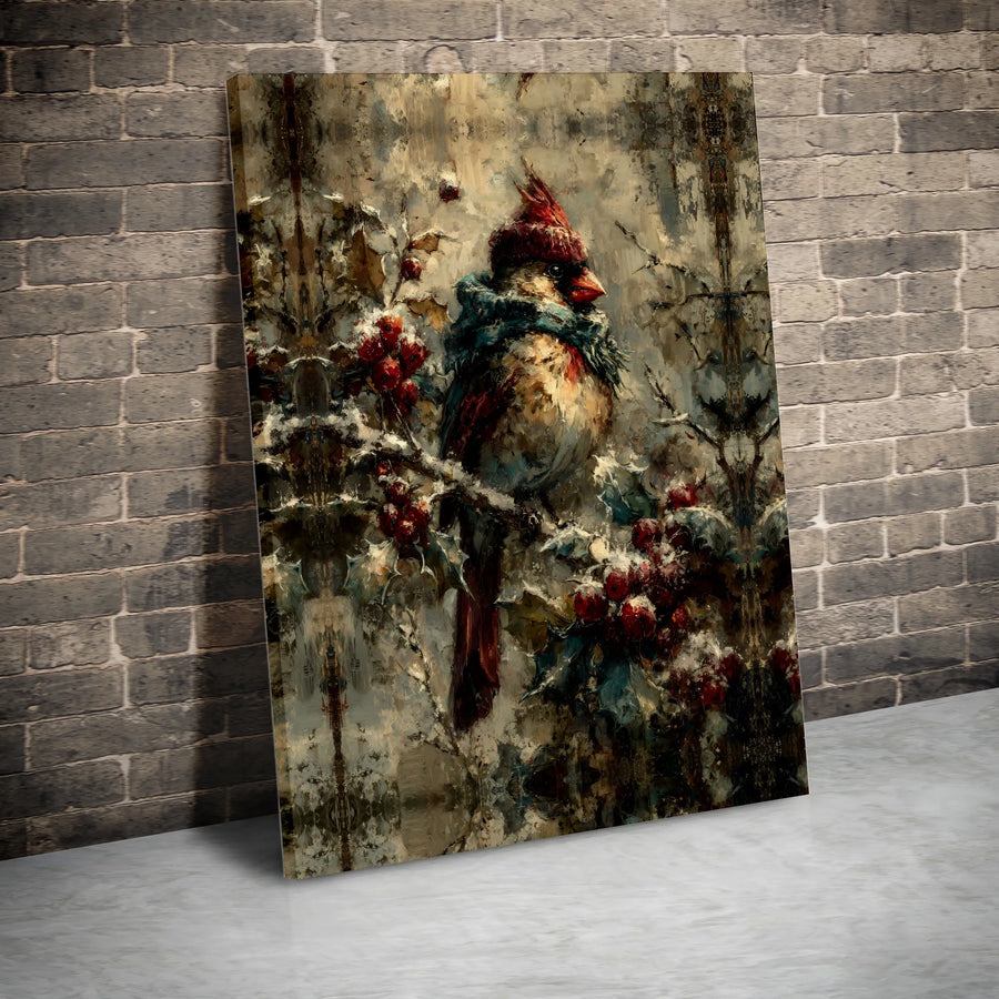 Winter Cardinal Canvas Wall Art | Whimsical Bird in Scarf Painting | Premium 1.25-inch Thick Gallery Wrap | Cozy Christmas Home Decor Gift