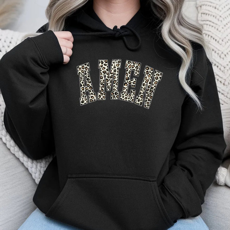 Amen Hoodie | Leopard Print Varsity Lettering | Premium Soft Fleece Pullover | Christian Faith Gift for Her
