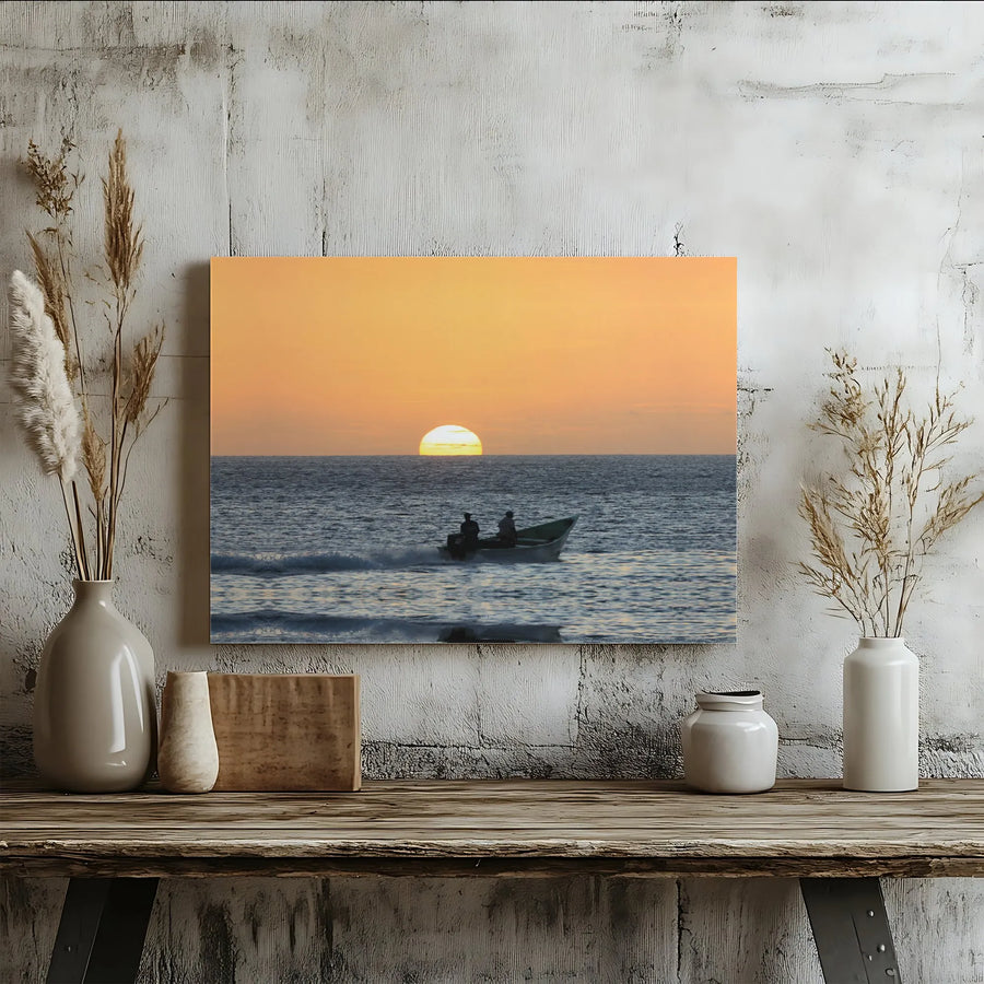Fishermen at Sunset Canvas Print | Golden Hour Ocean Boat Wall Art | Premium Gallery Wrapped Canvas | Coastal Home Decor Gift