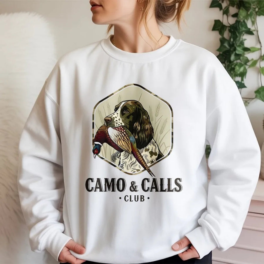 Springer Spaniel Hunting Sweatshirt | Camo & Calls Club Pheasant Bird Dog Graphic | Premium Cotton Blend | Gift for Hunter & Dog Lover