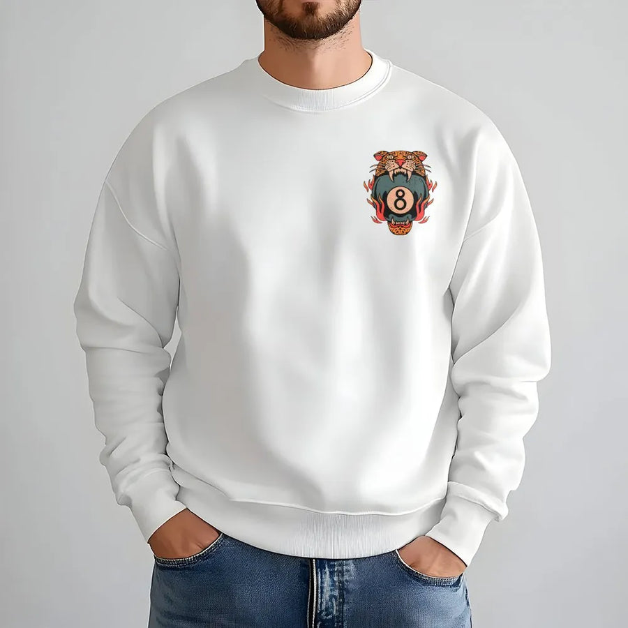 Tiger 8 Ball Sweatshirt | Vintage Traditional Tattoo Style | Soft Unisex Crewneck | Collector's Gift for Pool Player